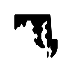 A black silhouette of the state of maryland is displayed on a white background in a simple graphic style