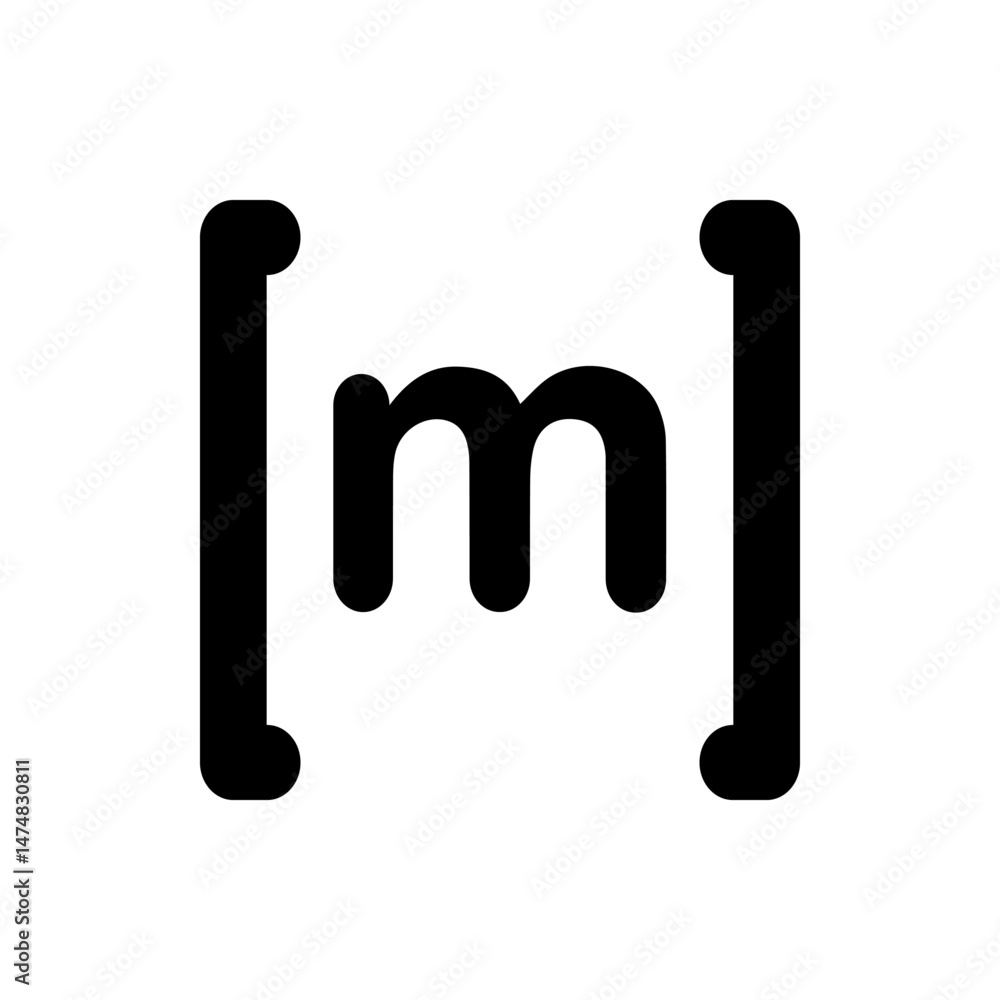 Poster a stylized lowercase letter m enclosed within a pair of bracket like shapes in a minimalist black de