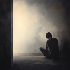 Obraz premium Solitary figure sits on floor, back to viewer, facing open doorway with light shining in, somber mood and contemplative scene