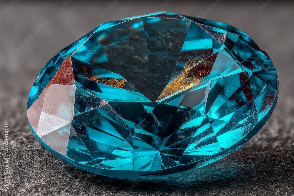 Poster sparkling turquoise gemstone resting on a textured surface showcases its intricate cuts and brillian