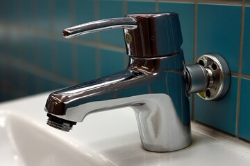 Modern chrome faucet with clean lines installed in a bright bathroom setting featuring turquoise tiles