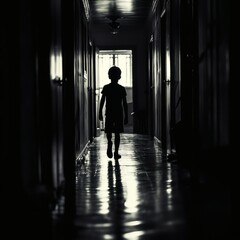Silhouette of Youngster Walking Down Dark Hallway Towards Glowing Exit, Showing Light Reflections on Polished Floor