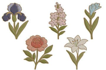  embroidery-style garden flower clipart set includes five elements a violet iris, soft pink phlox, creamy white lily, romantic pink peony, and a delicate crocus or miniature iris.  
