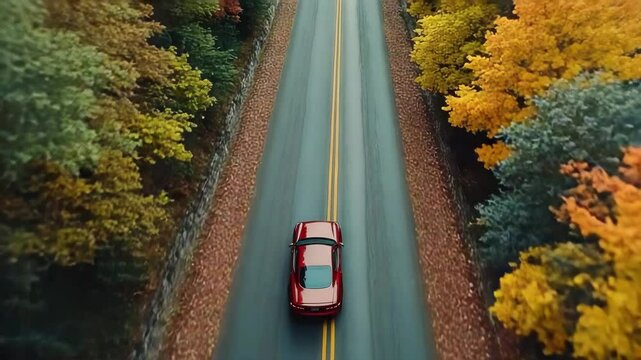 Red car driving on an asphalt road lined with autumn trees
