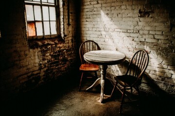 Warm light illuminates rustic table and chairs in an intimate corner of an old building during late afternoon