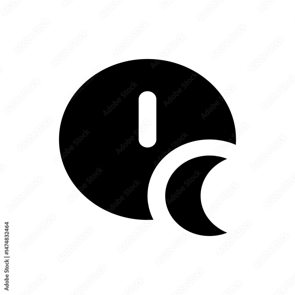 Poster a black circle with a white vertical rectangle inside and a crescent moon shape at the bottom right 