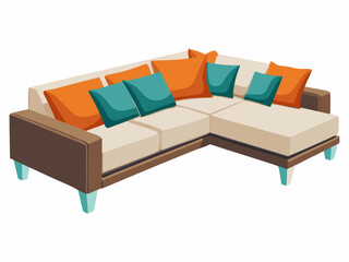 A flat vector illustration of an L-shaped sectional sofa with two-tone cushions. White background, modern living space concept