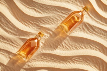 Fototapeta premium Small bottles of amber liquid on tan sand