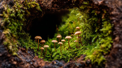Fototapeta premium Mushroom forest landscape photography, mossy wonderland, fungi kingdom, nature photography, woodland scene