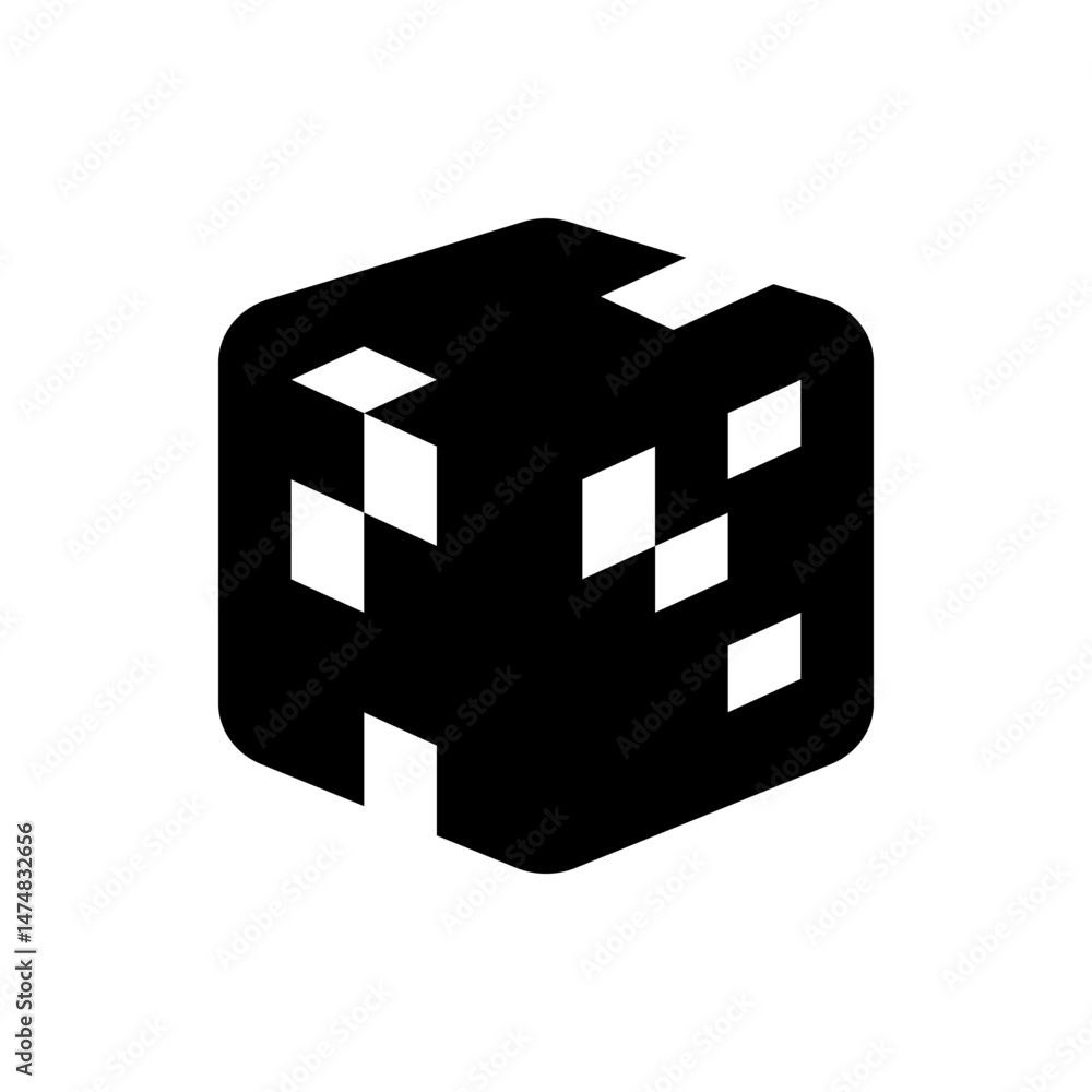 Poster isometric black cube with white square patterns on its faces creating a modern abstract design eleme