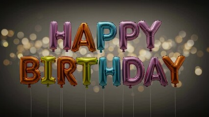 Multicolored foil balloon letters spelling happy birthday text. Shiny helium ballon font for festive congratulation card, party invitation and celebration graphic. - Powered by Adobe