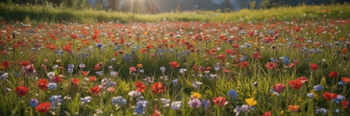 Vibrant wildflowers carpet sun-drenched meadow,  green,  summer,  floral