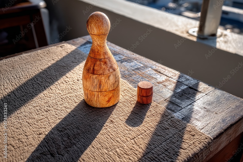 Poster wooden toy figure and small block casting long shadows on a textured surface in bright sunlight