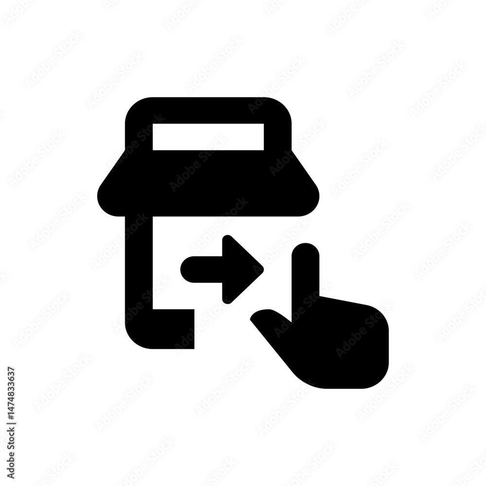 Poster black silhouette of a store with an arrow pointing inside and a hand touching it design icon image