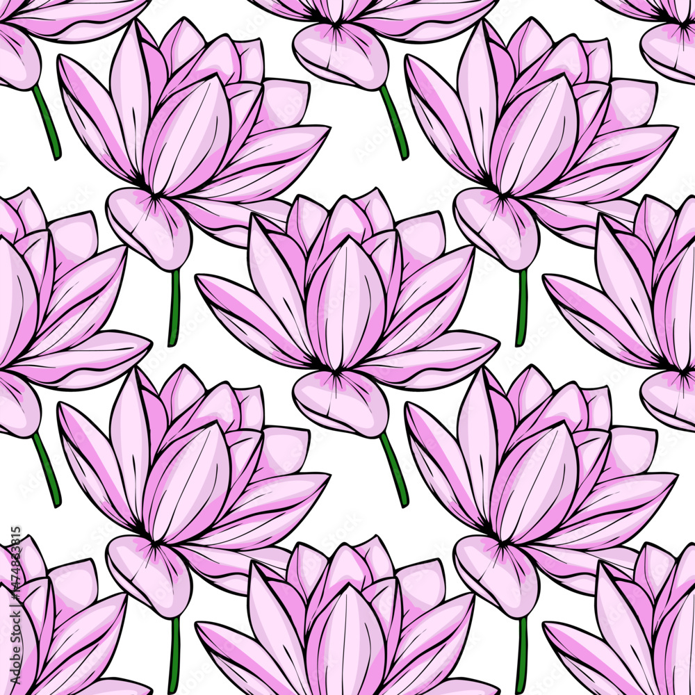 Poster elegant vector seamless pattern featuring delicate light pink lotus flowers with dark outlines, crea