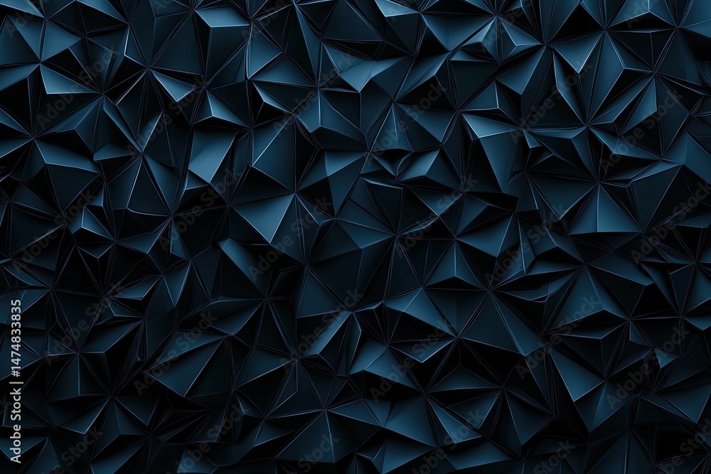 Poster dark, textured, geometric surface composed of numerous tiny, dark-blue triangles. sharp, angular sha