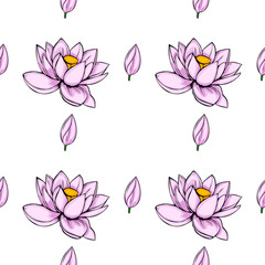 This vector seamless pattern features a delicate arrangement of pale pink lotus flowers and buds, creating a serene and elegant floral design perfect for various applications.