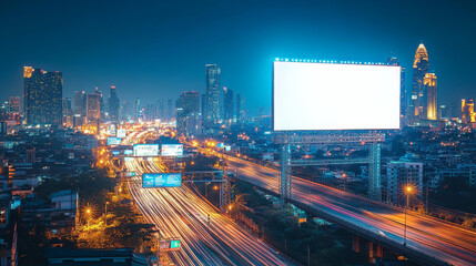 Obraz premium White billboard in Bangkok with nighttime cityscape and highway below.