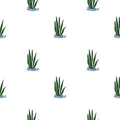 A simple yet elegant vector seamless pattern featuring stylized green aquatic plants emerging from calm blue water against a clean white backdrop.