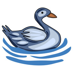 A charming vector illustration of a stylized grey duck gracefully gliding on calm, blue waters, featuring a unique blend of soft and bold lines.