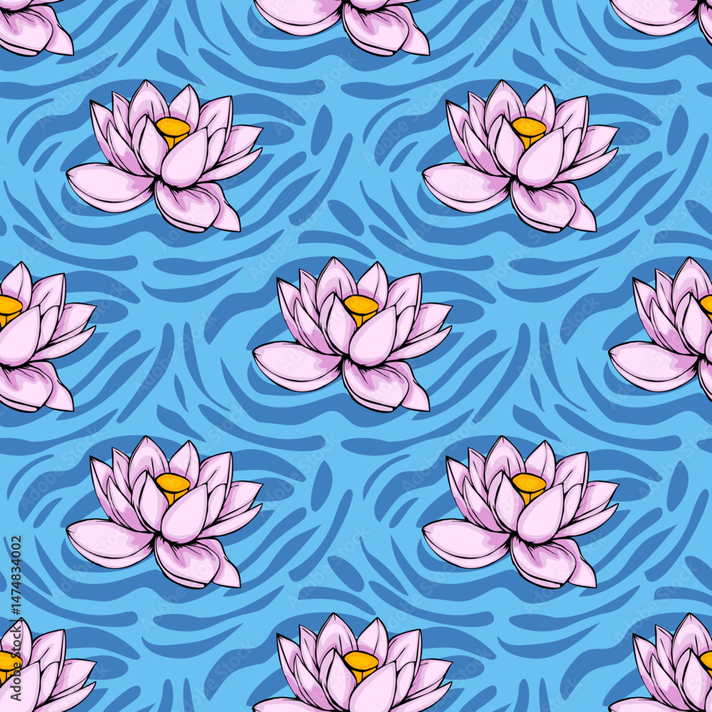 Poster seamless vector pattern featuring stylized pink lotus flowers blooming on a vibrant blue water-like 
