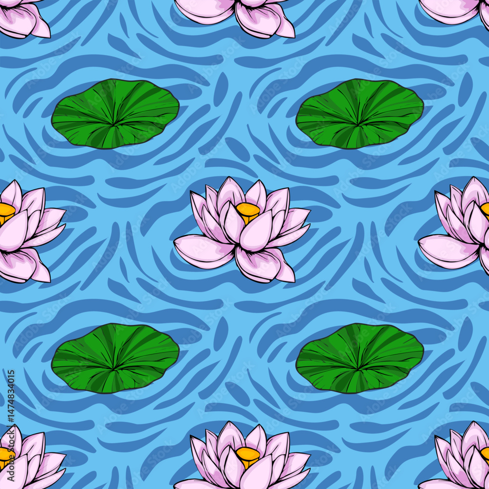 Poster a serene vector seamless pattern featuring stylized pink lotus flowers and lily pads floating on a t