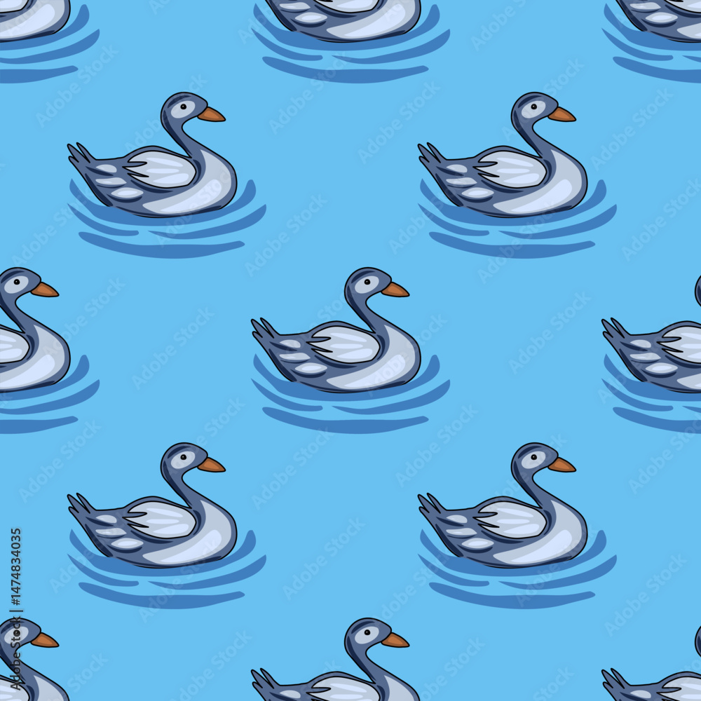Poster seamless vector pattern featuring stylized grey ducks gracefully gliding on a serene light blue wate