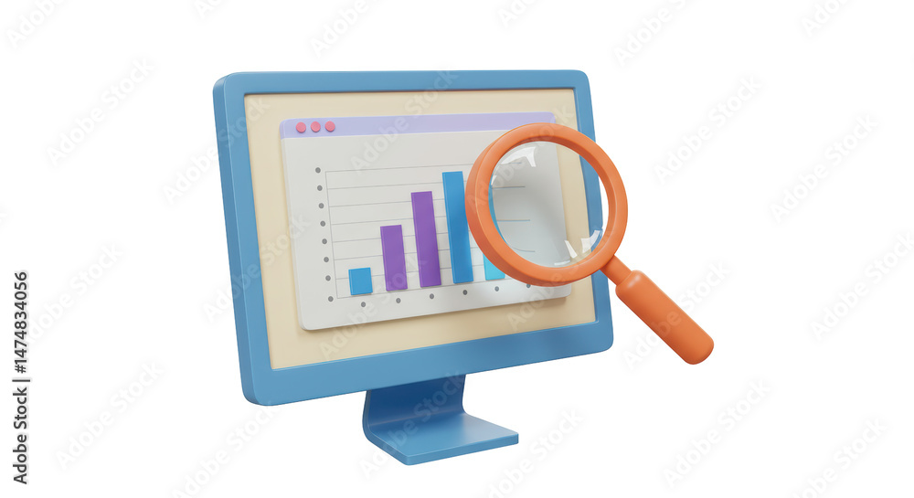 Poster isolated magnifying glass over a computer screen with data