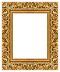Carved handmade golden wooden rectangular frame with copy space on white background for easy selection