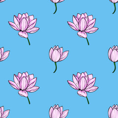 This vector seamless pattern features a whimsical arrangement of light pink lotus flowers, elegantly scattered against a vibrant light blue backdrop, creating a serene and stylish design.