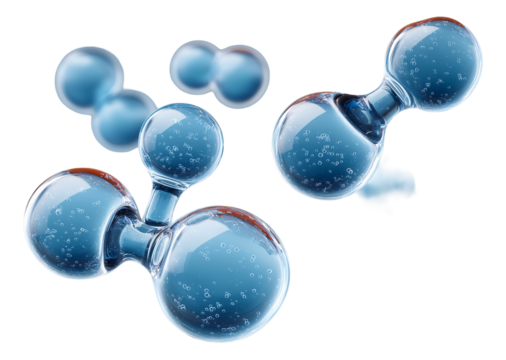 Transparent blue molecular structures resembling water or chemical molecules with bubble details on transparent background.