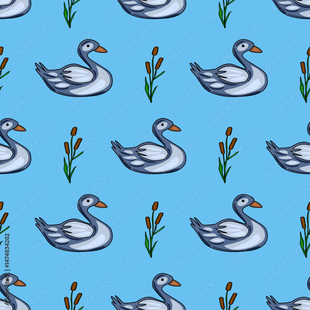 Poster seamless vector pattern featuring stylized grey ducks and cattails on a light blue background, creat