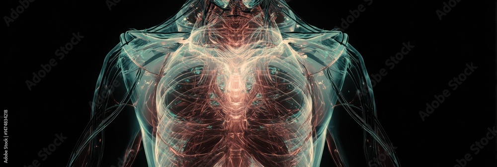 Poster glowing anatomical overlay showcasing detailed human body structures with a center fade-out effect