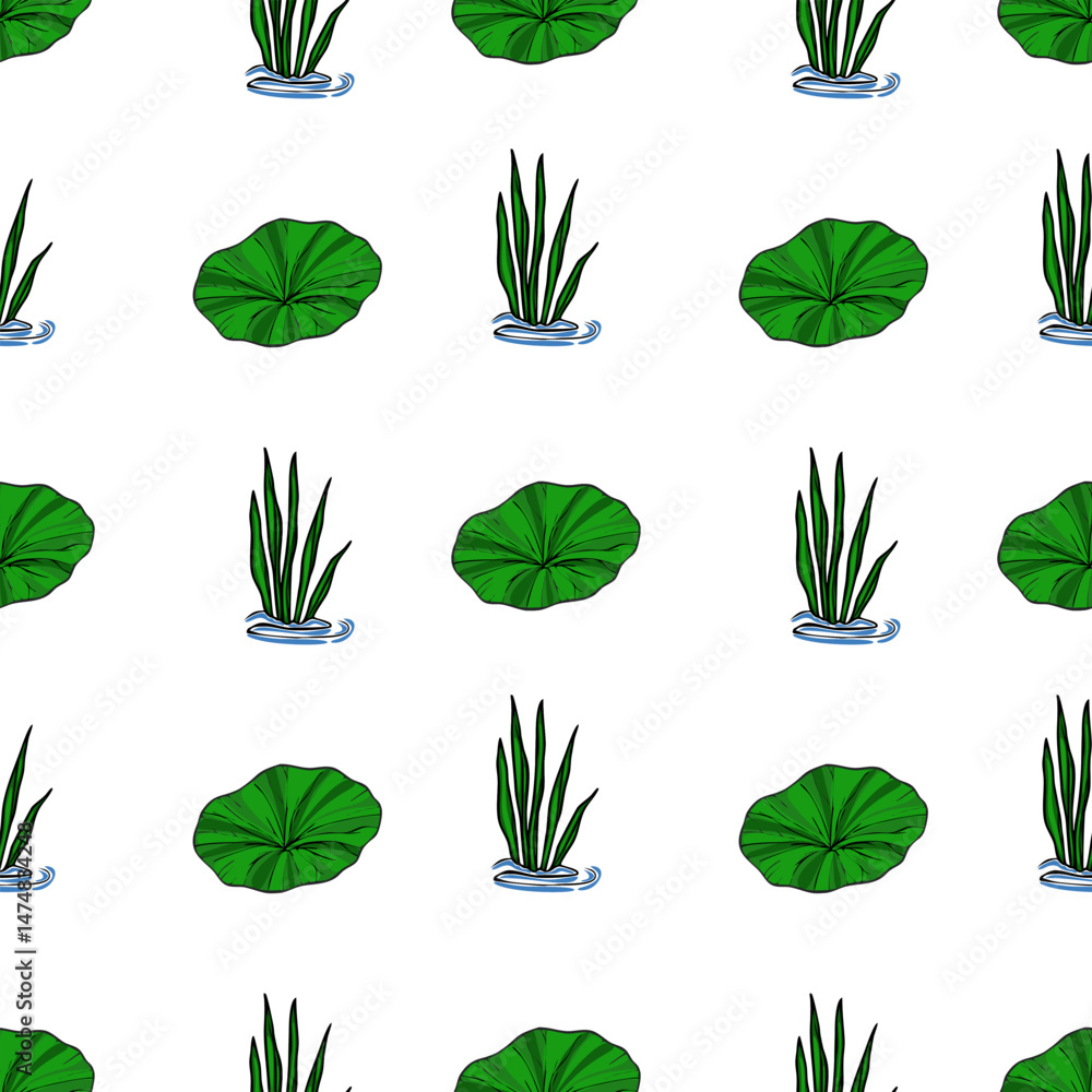 Poster a vibrant vector seamless pattern featuring stylized illustrations of large, round lily pads and aqu