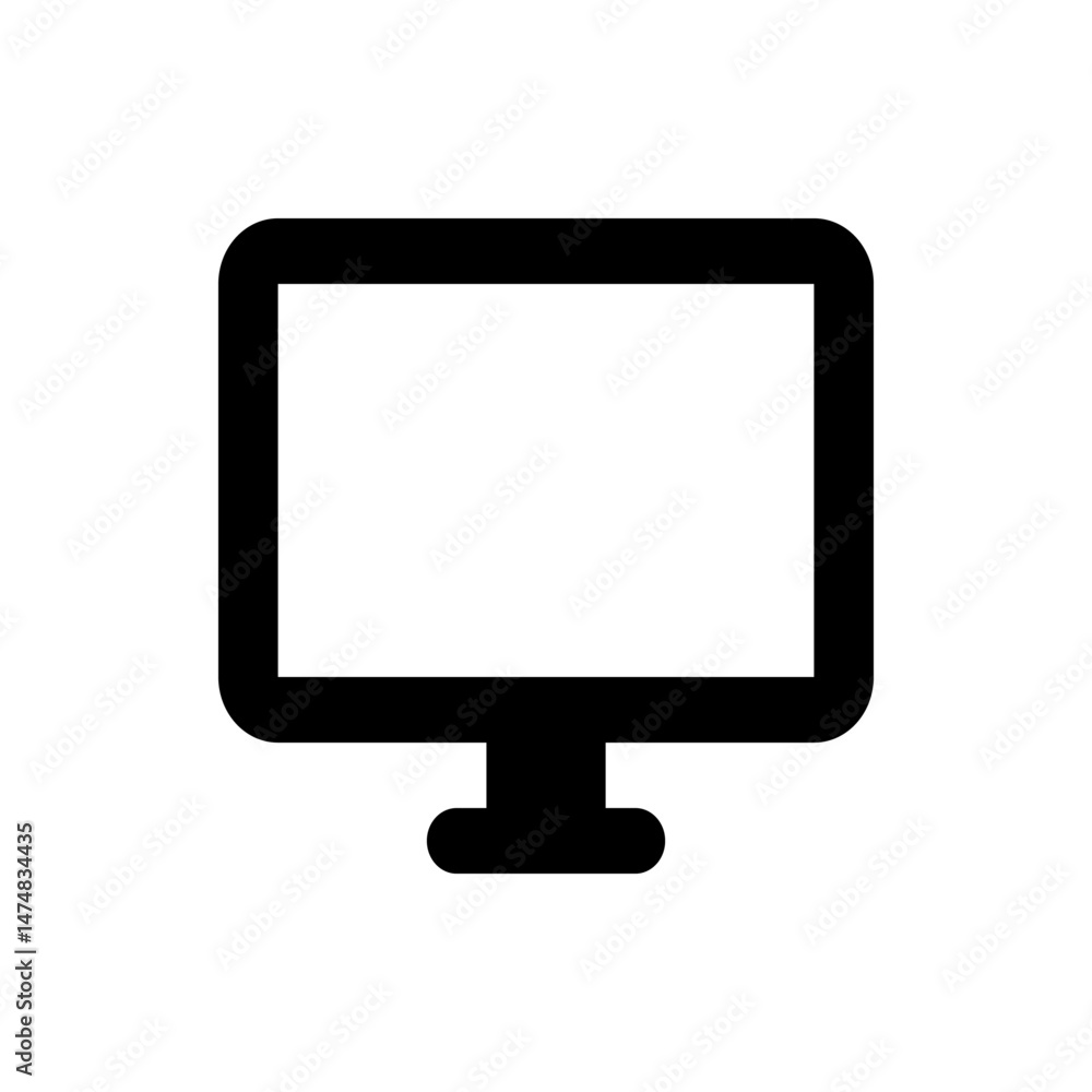 Poster illustration of a black desktop computer with a blank white screen and a rounded base in a simple st