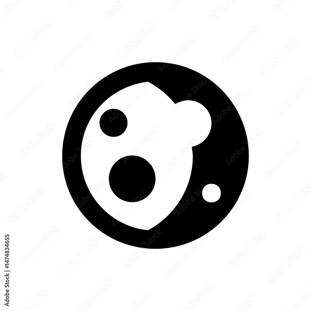 Poster illustration of a black circle containing a white shape with three smaller circles inside it design