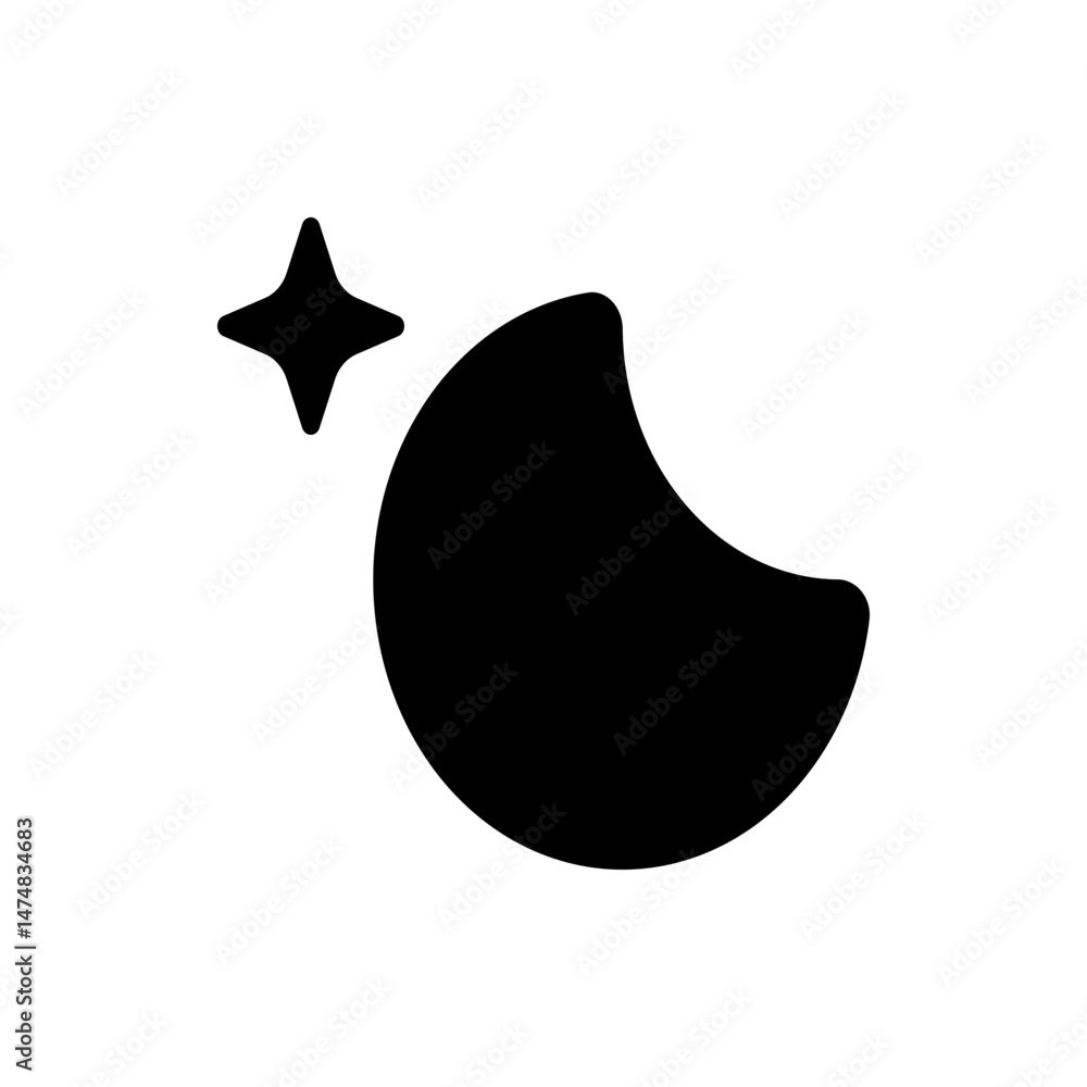 Poster illustration of a crescent moon shape with a four pointed star to the side in black and white color 