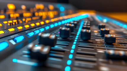 Audio mixer panel adjusts music control console illuminated equipment
