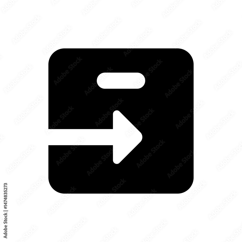 Poster black square with rounded corners containing a white arrow pointing to the right and a white dash ma