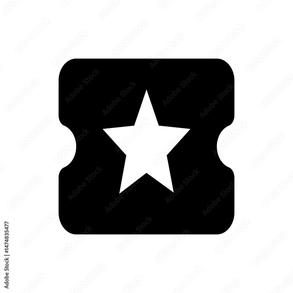 Poster black ticket with rounded corners and two semicircular indents displaying a centered white star shap