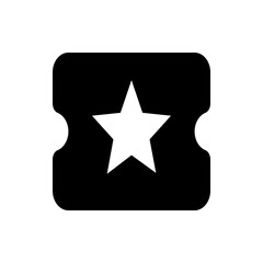 Black ticket with rounded corners and two semicircular indents displaying a centered white star shape