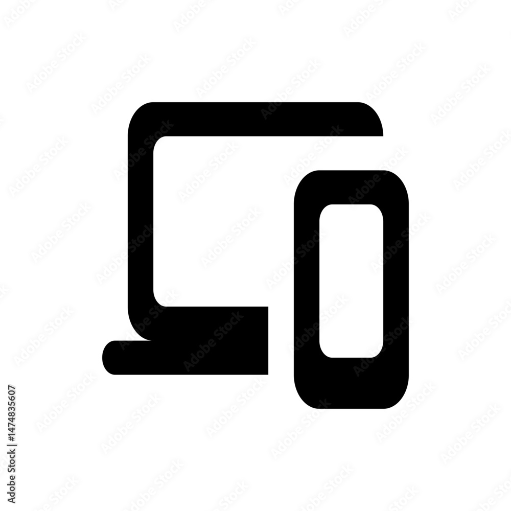 Poster black outline of a laptop computer next to a smartphone device with white screens on a white backgro