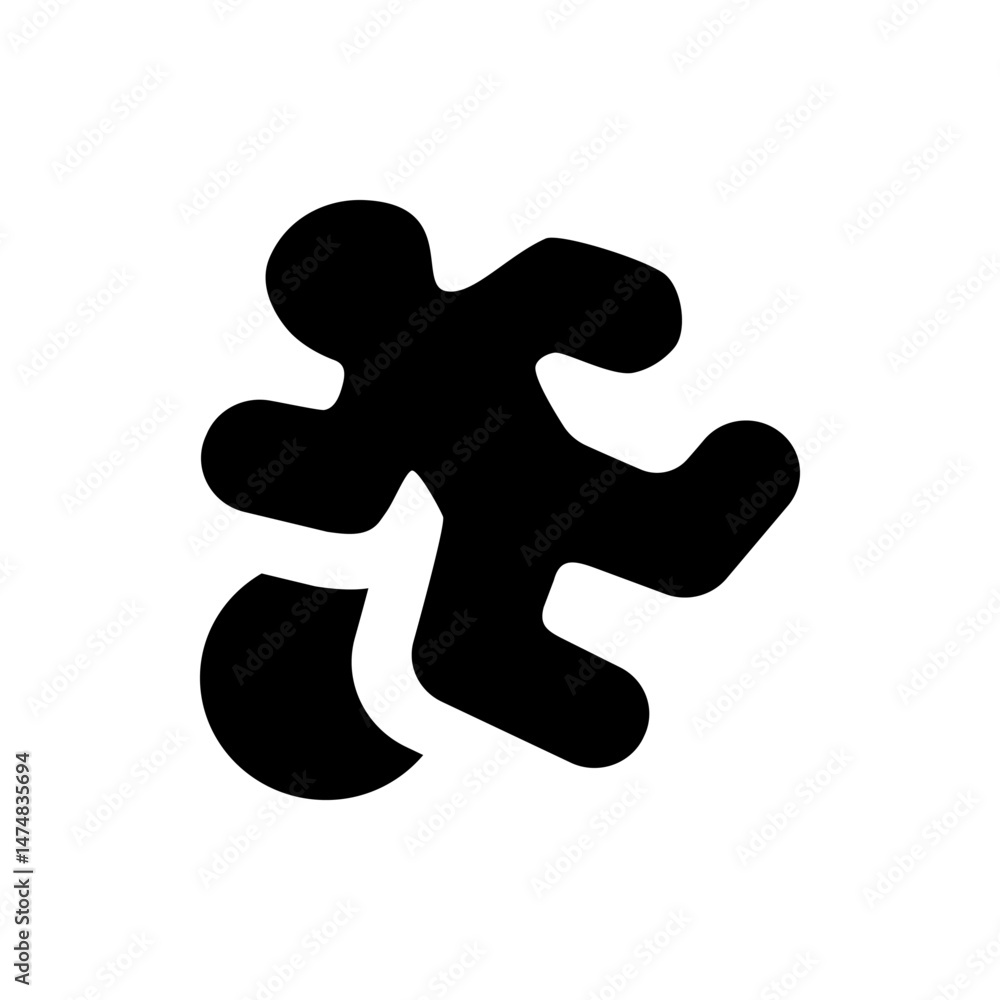 Poster silhouette of abstract figure tripping over a ball like shape in a stylized black and white design i