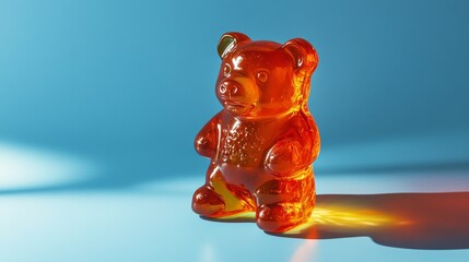 red gummy bear with shadow on blue background