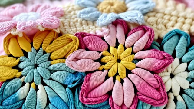 Detailed close-up showcases a vibrant handmade crochet blanket with colorful floral patterns in pink, yellow, blue, and cream yarn, creating a cozy and artistic texture.