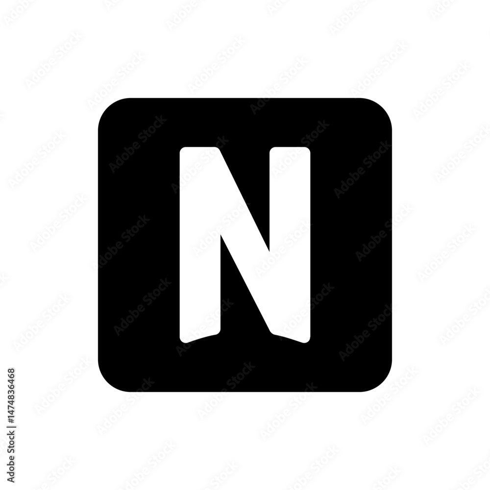 Poster letter n in white on a black rounded square, representing a modern and simple design with a bold typ