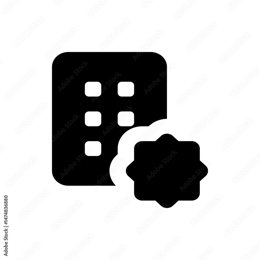 Poster black building with four windows and a white outline around a black blob on the right side icon