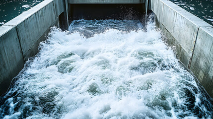 Water surges powerfully through concrete structure channel river