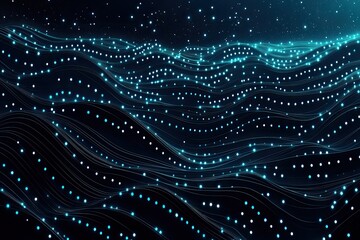 Abstract digital landscape with glowing, wavy lines and scattered points of light.  Dark teal background. Detailed patterns of undulating forms create a sense of depth and movement