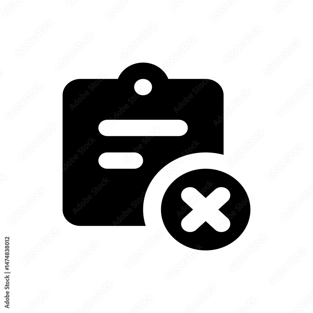 Poster black and white icon of a clipboard with two lines and a circle with an x indicating removal action